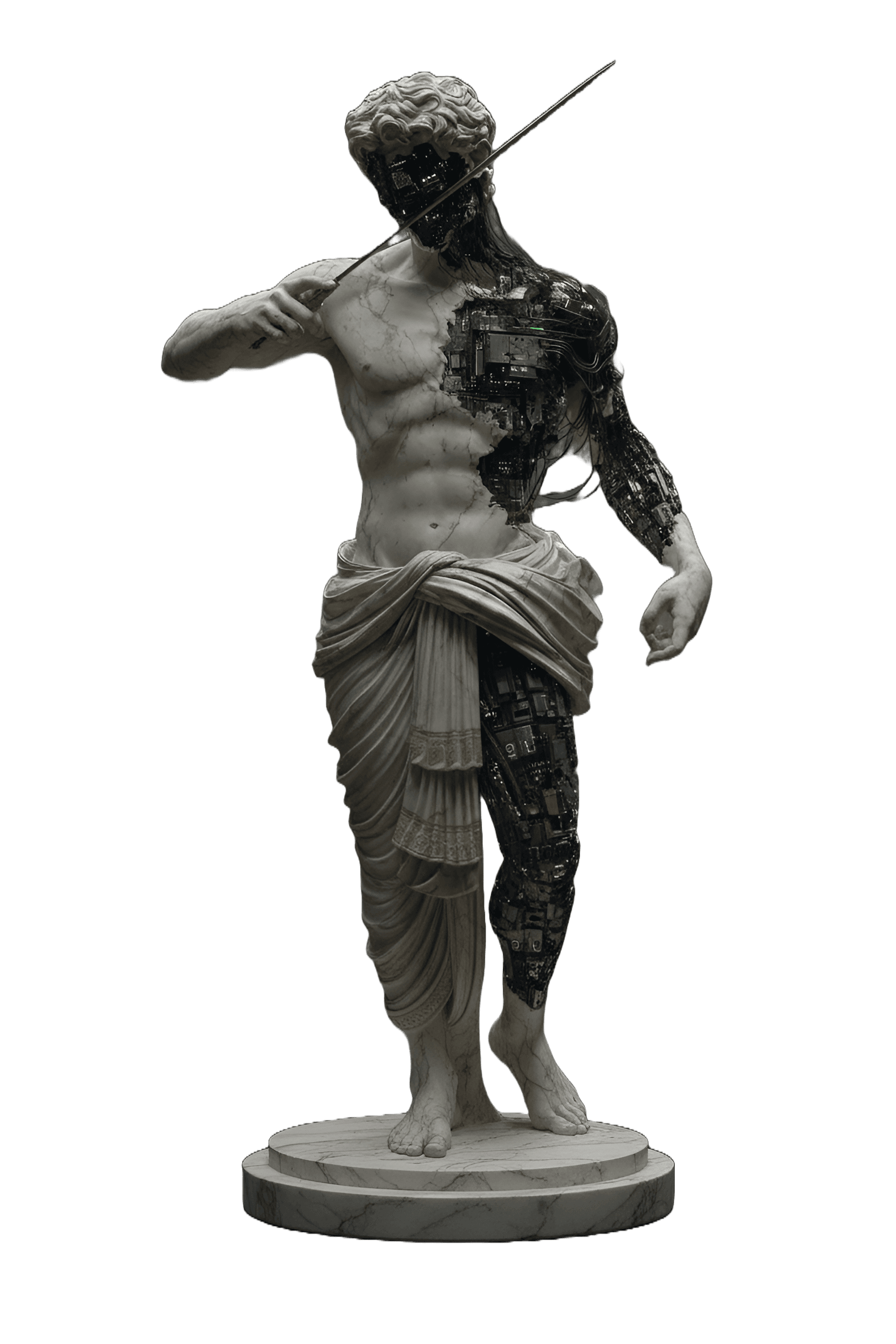 A marble warrior with circuitry beneath the stone — the singularity rendered as classical sculpture